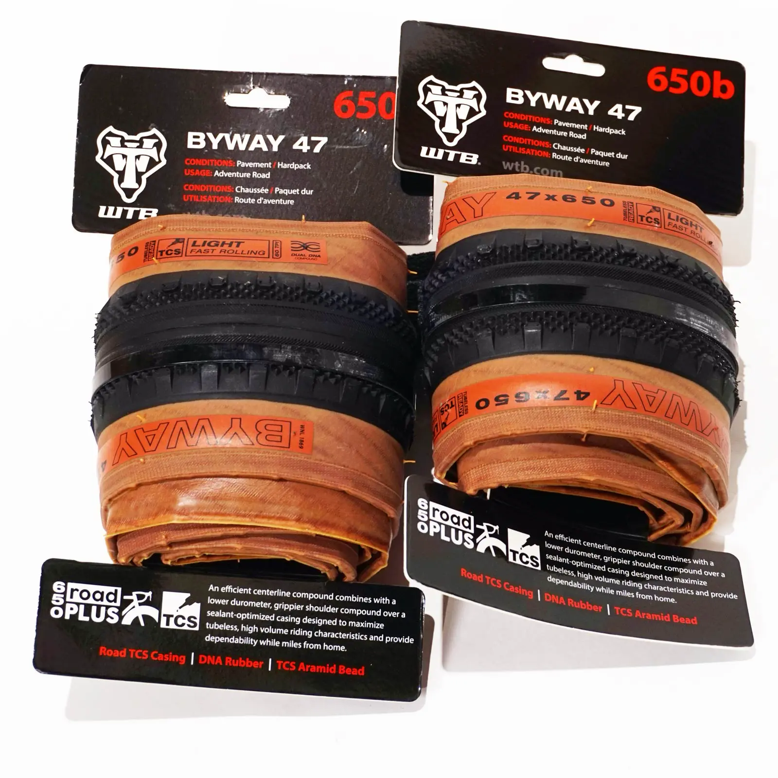 Pair of 650b WTB Byway 47 LIGHT / FAST ROLLING skinwall tyres, 