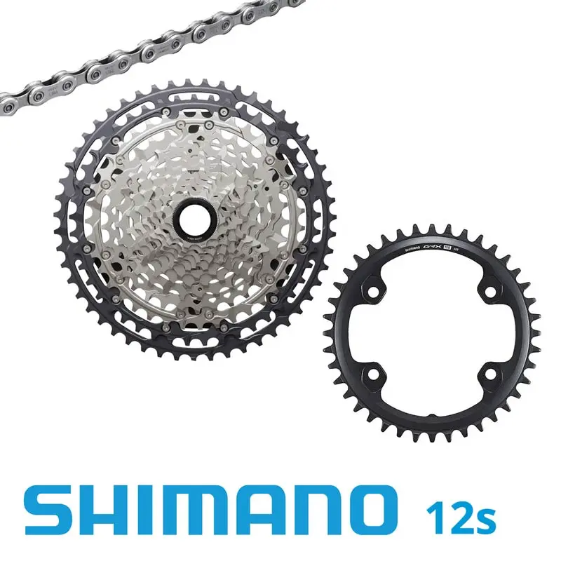 Shimano 1x12 cassette, chainring + chain (thru rear)